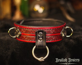 BDSM Leather Slave Collar With Ouroboros Drop Ring, BDSM Slave Collar, Bondage Collar,  Submissive Collar, Filigree, Pet Play, Mature