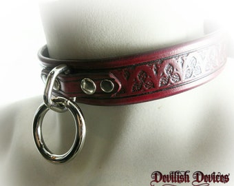 Handmade Leather BDSM Collar With Triquetra Design—Gothic O-ring Choker Necklace-Locking Buckle Option