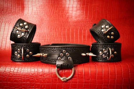 BDSM Collar and Cuff Set, Bondage Set, Slave Set, Wrist Cuffs, Ankle Cuffs, Ouroboros, Sub Collar, Spiked Collar, Mature, Bdsm Gear, Ddlg