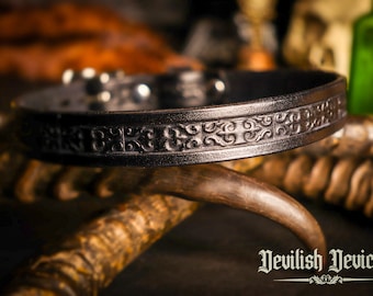 Discreet Leather BDSM Day Collar With Hand Tooled Gothic Design. Mature