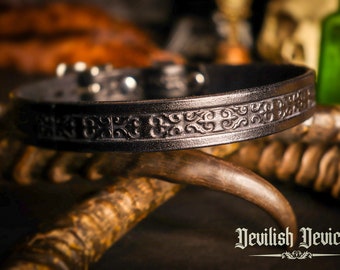 Discreet Leather BDSM Day Collar With Hand Tooled Gothic Design, Mature