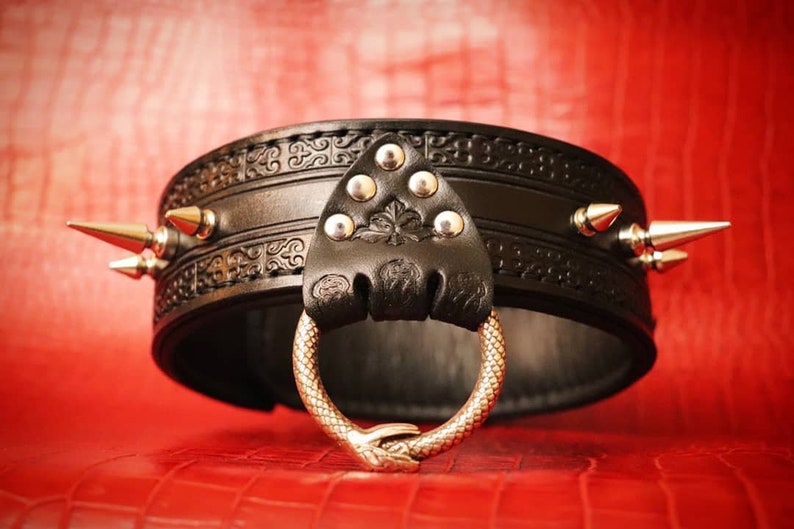 May include: Black leather collar with silver studs and a snake-shaped metal ring. The collar has an intricate embossed design.