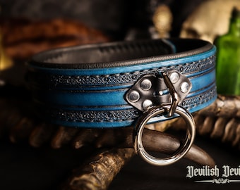 Leather BDSM Submissive Slave Collar With Hand Tooled Celtic Knot Design, Soft Stitched Lining and Locking Buckle. Mature