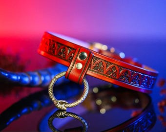 Leather Triquetra Protection Collar, Ouroboros Ring, Day Collar, Bdsm Collar, Choker, Slave Collar, Submissive, Sub Collar, Bondage, Mature