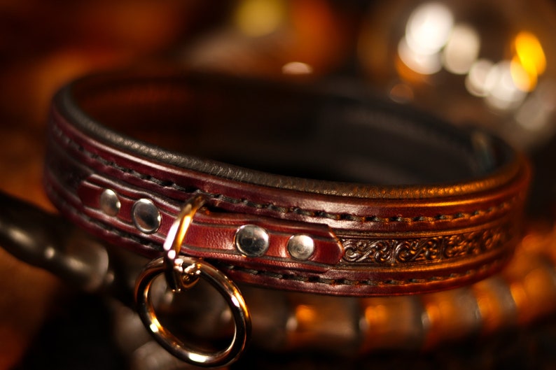 May include: A brown leather collar with a decorative design and silver accents. The collar has a gold metal ring attached.