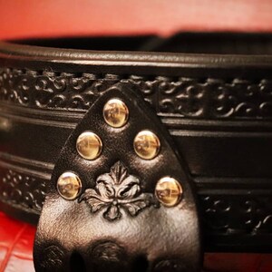 May include: Black leather collar with gold studs and a decorative floral design. The collar has a pointed spike on one side.