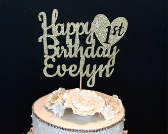 Any Number! Gold Glitter Personalized Happy Birthday Cake Topper, Gold glitter cake topper, First birthday cake topper, Any Number and Name