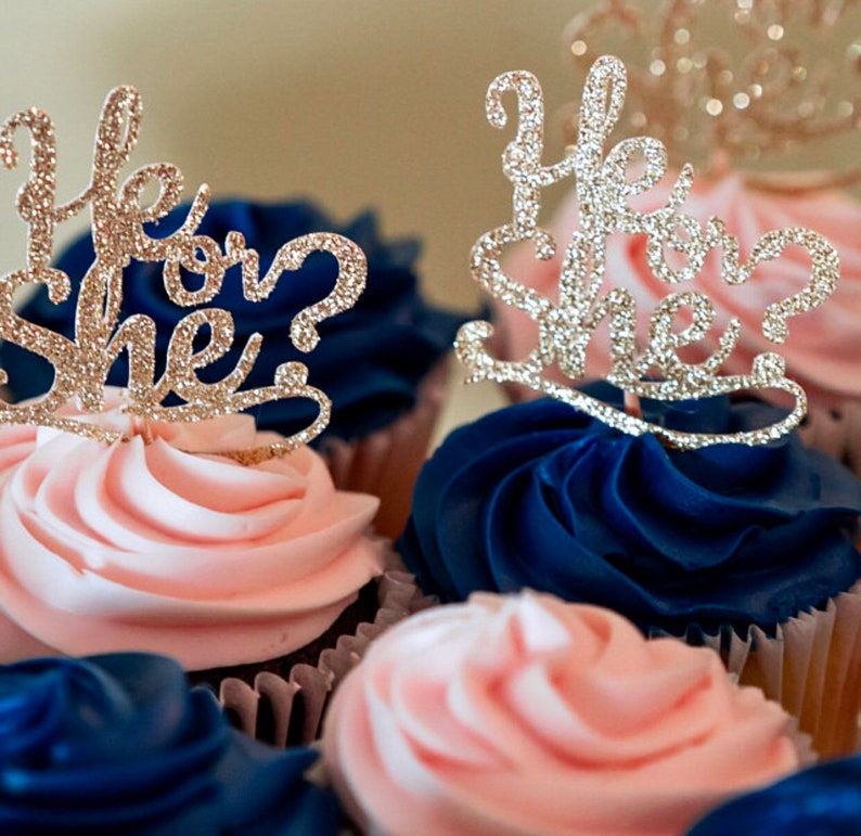 Set of 12 He or She Cupcake Topper gender reveal cupcake Etsy