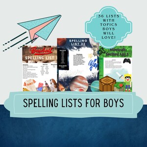 Könnte beinhalten: Drei farbenfrohe druckbare Rechtschreiblisten für Jungen mit den Themen Baseball, Weltraum und Minecraft. Die Listen sind mit "Baseball Spelling List", "Spelling List 32" und "Minecraft Spelling List 5" betitelt. Der Text "36 Lists With Topics Boys Will Love!" befindet sich in einem roten Kreis oben im Bild.