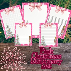 May include: Pink Christmas stationery set with a pink and white checkered background. The set includes five sheets of paper with different designs, including a nutcracker, a Christmas tree, and a bow. The text "Pink Christmas Stationary Set" is written in pink letters on a wooden background.