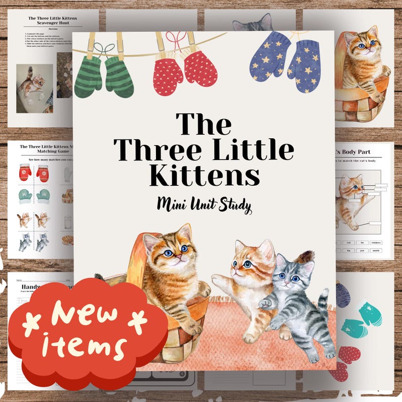 Pu&ograve; includere: Uno studio di unit&agrave; mini stampabile per bambini in et&agrave; prescolare con la filastrocca "I tre gattini". La copertina presenta tre gattini in un cesto con uno schema di colori rosso, bianco e blu. Il titolo "The Three Little Kittens Mini Unit Study" &egrave; scritto in testo nero.