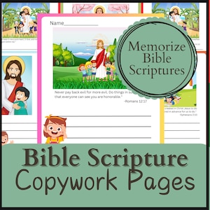 Könnte beinhalten: Ein druckbares Arbeitsblatt mit grünem, weißem und rosafarbenem Rand. Das Arbeitsblatt hat einen Titel, der "Memorize Bible Scriptures" lautet, und einen Untertitel, der "Bible Scripture Copywork Pages" lautet. Das Arbeitsblatt zeigt ein Bild von Jesus mit Kindern auf einem grünen Feld. Das Arbeitsblatt hat einen Platz für einen Namen und einen Platz, um einen Bibelvers zu schreiben. Der Vers lautet: "Vergeltet Böses nicht mit Bösem. Sondern überwindet das Böse mit Gutem." - Römer 12,17