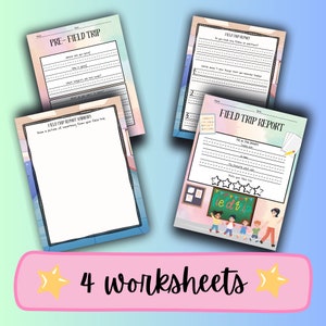 May include: Four colorful worksheets for a field trip. The worksheets include a pre-trip checklist, a field trip report summary, a field trip report, and a field trip report with a rating system.
