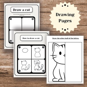 Pu&ograve; includere: Un foglio di lavoro stampabile con istruzioni su come disegnare un gatto. Il foglio di lavoro include una guida passo passo con quattro immagini che mostrano come disegnare un gatto, e uno spazio vuoto per consentire all'utente di disegnare il proprio gatto.