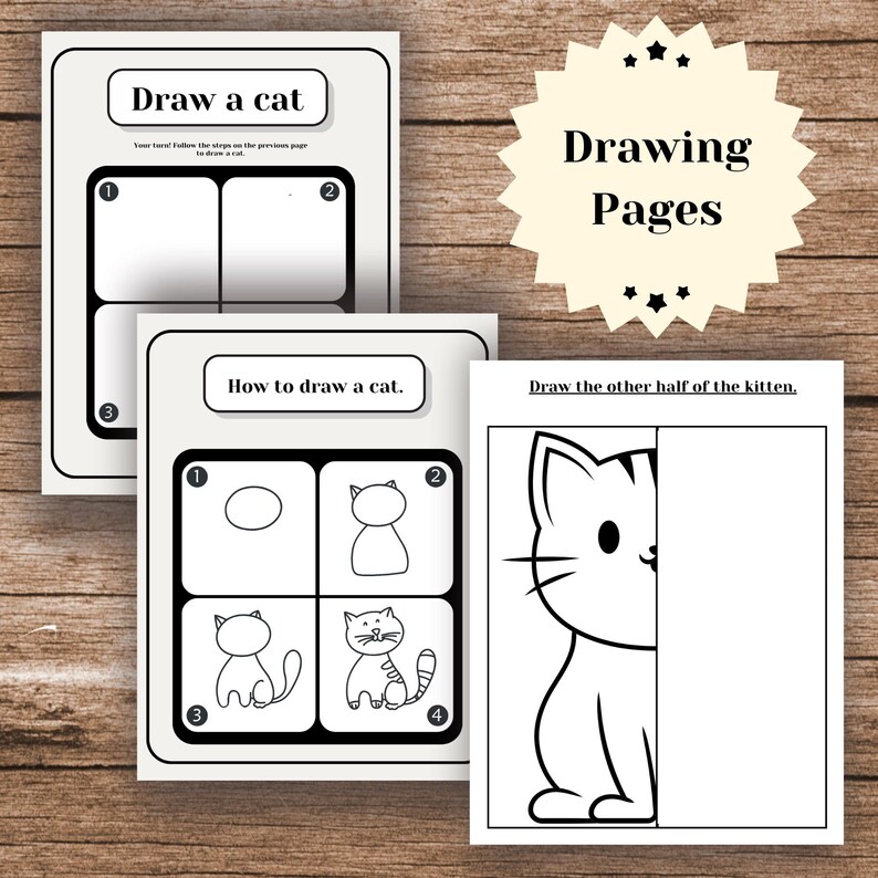Pu&ograve; includere: Un foglio di lavoro stampabile con istruzioni su come disegnare un gatto. Il foglio di lavoro include una guida passo passo con quattro immagini che mostrano come disegnare un gatto, e uno spazio vuoto per consentire all'utente di disegnare il proprio gatto.