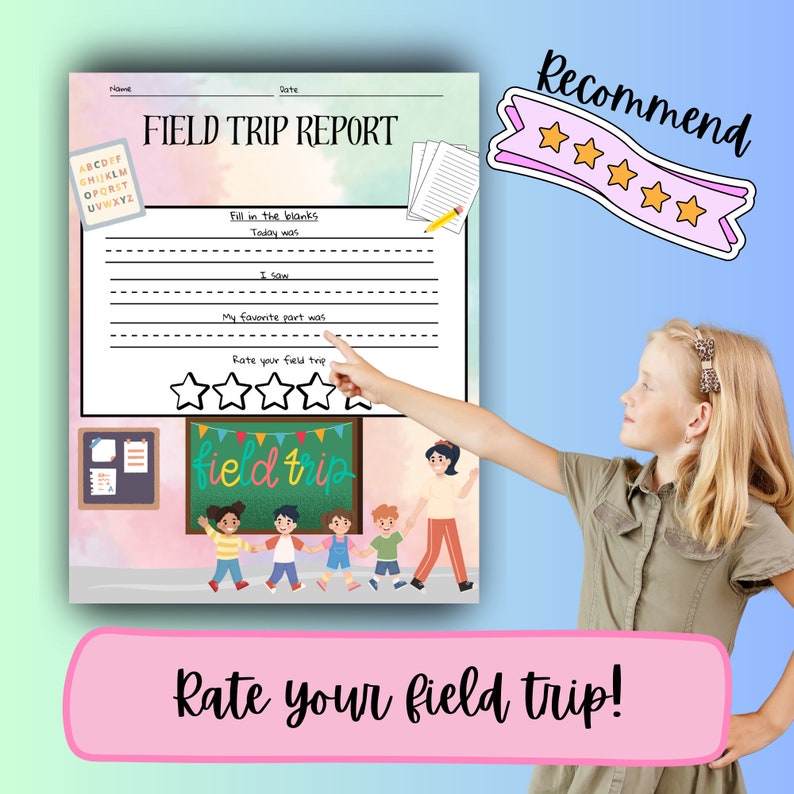 May include: A printable field trip report worksheet with a cartoon illustration of children on a field trip. The worksheet includes space to fill in the blanks, rate the trip, and write about the favorite part of the trip.