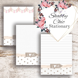 May include: Three printable stationery designs with a shabby chic theme. The designs feature polka dots, a floral heart with the text "Shabby Chic Stationary", and a lined design with a heart and the word "LOVE".