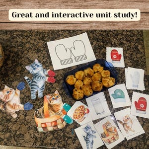 Pu&ograve; includere: Un set di schede di attivit&agrave; educative stampabili con illustrazioni di gatti, guanti e una torta. Le schede sono progettate per uno studio unitario invernale. Il testo "Great and interactive unit study!" &egrave; in alto nell'immagine.