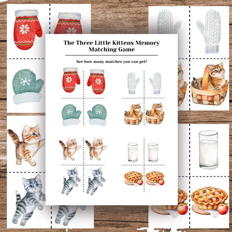 Pu&ograve; includere: Un gioco di memoria stampabile con illustrazioni di gattini, guanti, latte, torta e cesti. Il titolo del gioco &egrave; "The Three Little Kittens Memory Matching Game".