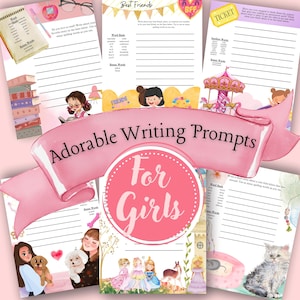 May include: A set of printable writing prompts for girls. The prompts are illustrated with cute drawings of girls, animals, and other whimsical scenes. The prompts include topics such as best friends, a trip to the carnival, and a story about a cat and kitten.