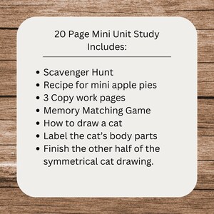 Pu&ograve; includere: Un foglio di carta bianco con testo nero che descrive il contenuto di un mini studio di 20 pagine. Lo studio include una caccia al tesoro, una ricetta per mini torte di mele, 3 pagine di lavoro da copiare, un gioco di memoria, istruzioni su come disegnare un gatto, un'attivit&agrave; di etichettatura delle parti del corpo di un gatto e un'attivit&agrave; di disegno di gatto simmetrico.
