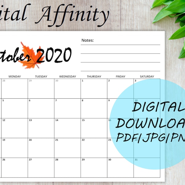 October 2020 Printable Calendar - Fall Theme | Instant Digital Download PDF JPG PNG| blank calendar printable desk wall month calendar