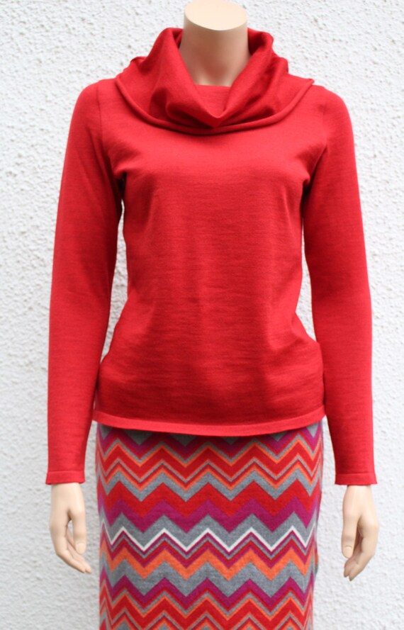 red sweater sweater with waterfall collar ladies sweaters cowl neck  merino wool knitted light wool red sweater