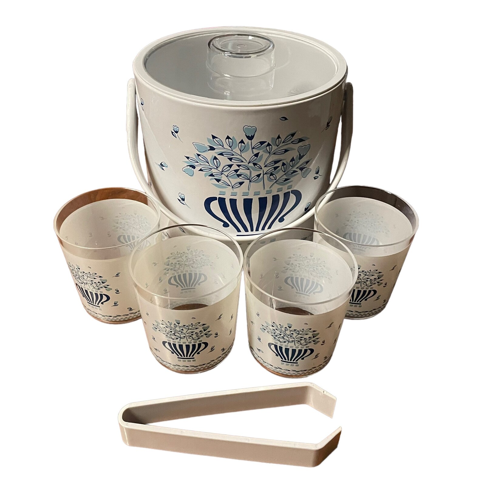 Vintage Phoenix Ice Bucket Tumbler Set Blue White Floral Etsy