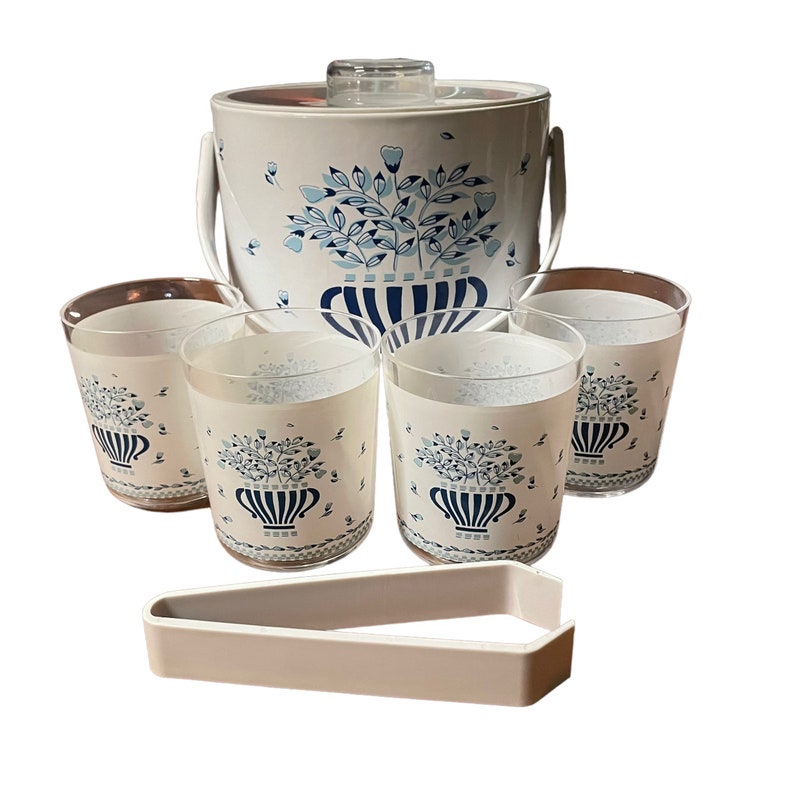Vintage Phoenix Ice Bucket Tumbler Set Blue White Floral Etsy