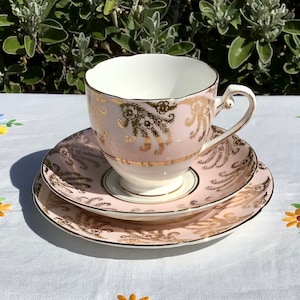 Royal Grafton Pink and Gold 1950s Pretty Vintage English Fine China Teacup Trio, Afternoon Tea, Gift for Her, Tea Party, Mothers Day Gift