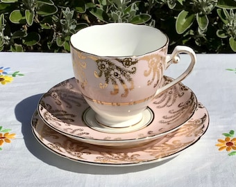 Royal Grafton Teacup Trio: Pink & Gold English Bone China, 1950s