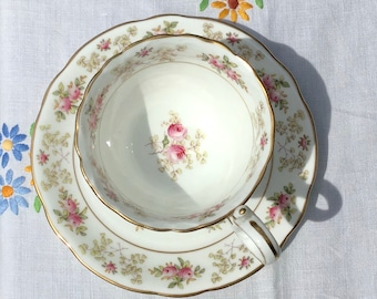 Coalport Antique Hand-Painted Pink rosebud footed Teacup and Saucer, Gift for Her, Afternoon Tea, Housewarming Gift, Mothers Day Gift
