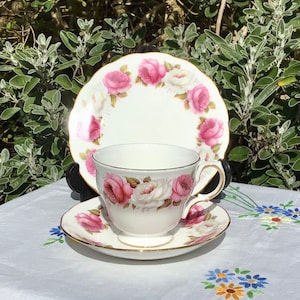 Vintage Queen Anne Princess Roses Teacup Trio: English Bone China