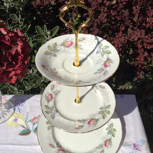 Paragon Bridal Rose Cake Stand: Vintage English Bone China, Gold Trim
