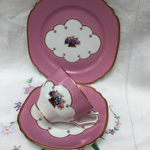 Antique Court China Teacup Trio: 1920s Pink Floral English Bone China
