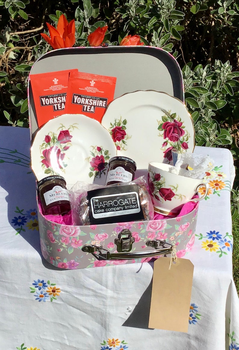 Afternoon Tea Hamper, vintage teacup Trio Set, Tea bags, Yorkshire Hamper, Tea Party Hamper, care package, gift for her, Birthday gift 