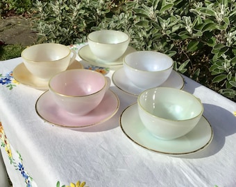 1950s Arcopal Pastel Harlequin Medium Tea Cup and Saucer Set, Peach, and Sage Opalescent Tea Set, French Arcopal, Gift for her