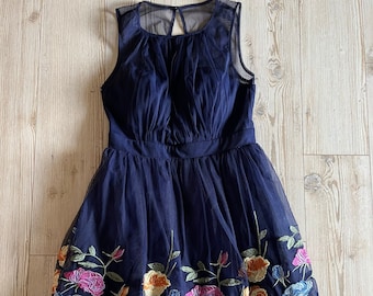 Navy Blue Floral Dress, Multi Colored Floral Formal Dress, Size Small Floral Dress