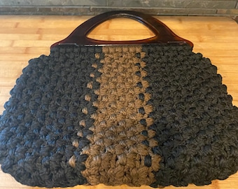 Macrame Purse With Bakelite Handles, Vintage Purses, Hippie Purse, Black And Brown Purse