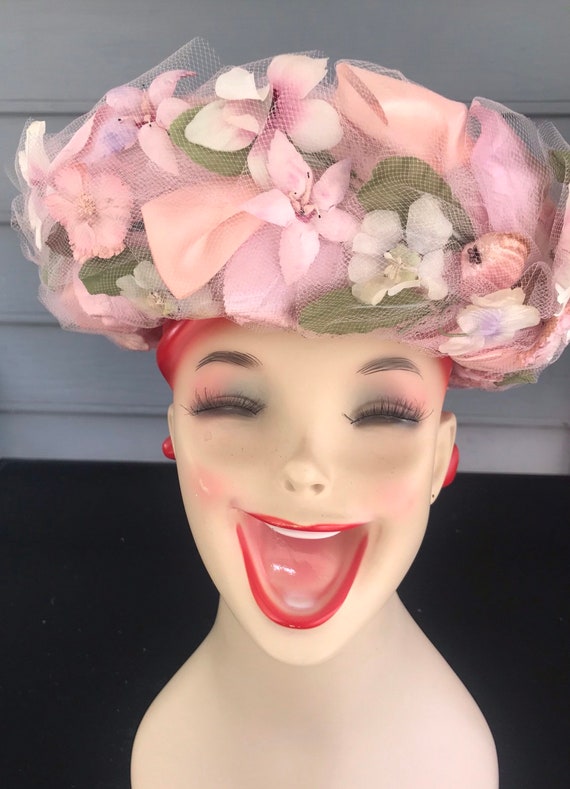 Pink Flowered Hat, Evelyn Varon Hat, Sunday Hat, V