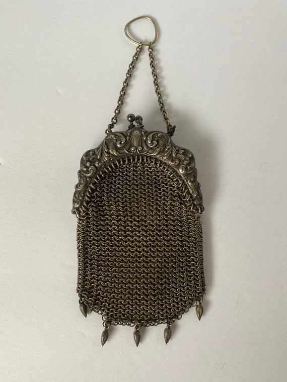 Antique Metal Mesh Flapper Purse, Gate Top Vintag… - image 1