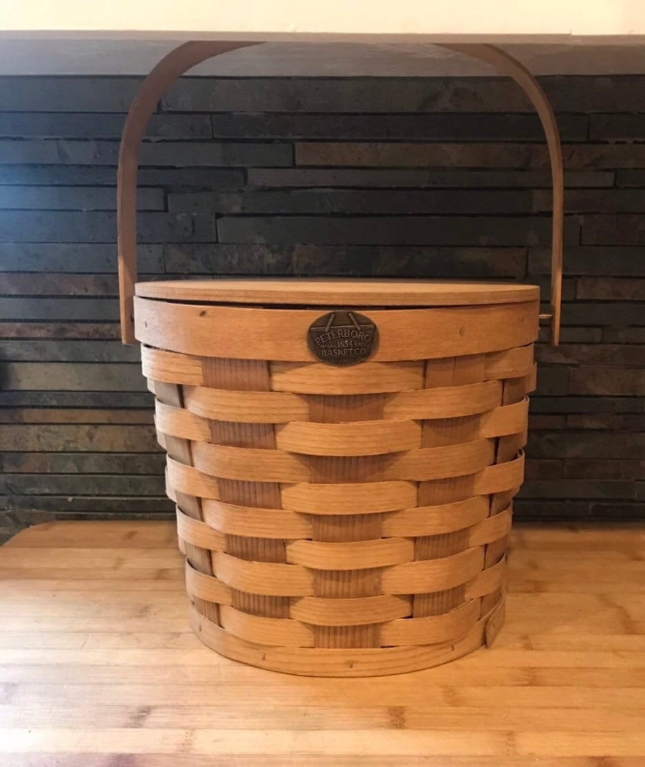 Vintage Peterboro Splint Basket. Hand Woven Wood With Handle. Picnic Basket.  Storage. Ice Bucket With Lid and Liner. Gift. 