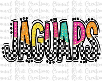 May include: A colorful graphic design of the word "JAGUARS" in a checkered pattern. The letters are outlined in black and have a retro, 1980s style.