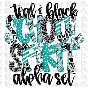 School Spirit Alpha Set PNG, Teal Black, Doodle Letters, Hand Lettered, 6 Patterns, Alphabet