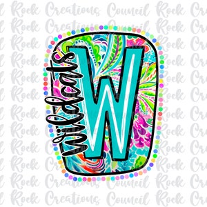May include: A colorful, patterned design with a large turquoise "W" in the center. The design is surrounded by a border of colorful dots. The text "Wildcats" is written vertically on the left side of the "W".