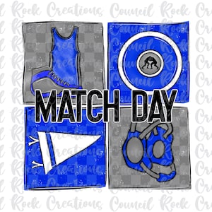 Op de afbeelding: Een blauwe en grijze digitale illustratie van worstelspullen, een worstelpak, een worstelmat en een worstelfluit. De tekst "MATCH DAY" staat in zwarte letters op een witte achtergrond.