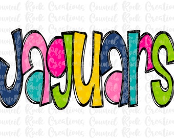 May include: Colourful, outlined word art that reads "Jaguars" in a playful, whimsical style. The letters are filled with various colours, including pink, blue, green, and yellow.