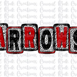 Puede incluir: Diseño gráfico en negro y rojo de la palabra "ARROWS" en una fuente de bloque con un fondo estampado en blanco y negro.