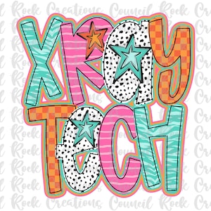 May include: A colorful graphic design with the text "Xray Tech" in a variety of patterns and colors, including pink, blue, orange, and white.