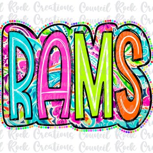 May include: Colorful "RAMS" lettering with a paisley pattern background. The letters are outlined in black and have a white outline inside. The letters are in shades of blue, pink, green, and orange.